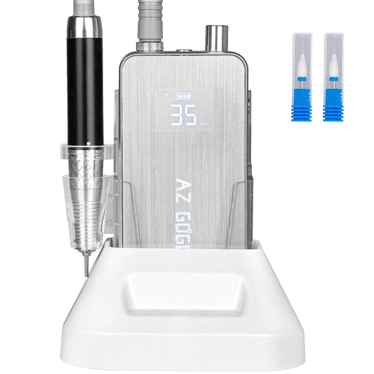 2-in-1 Professional Brushless Nail Drill AZ GOGO 80W Cordless Electric Nail File 35000RPM Rechargeable Portable Nail Drill Machine for Gel/Acrylic Nails 80W Salon Level (Silver)